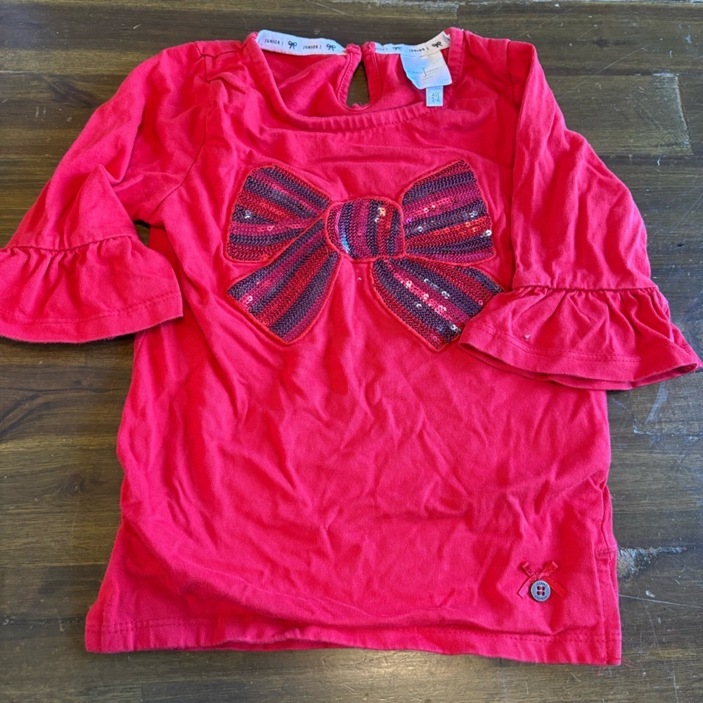Jasper Conran Red Sequin Bow Top Ruffle Sleeves Holiday Cute Toddler 3-4